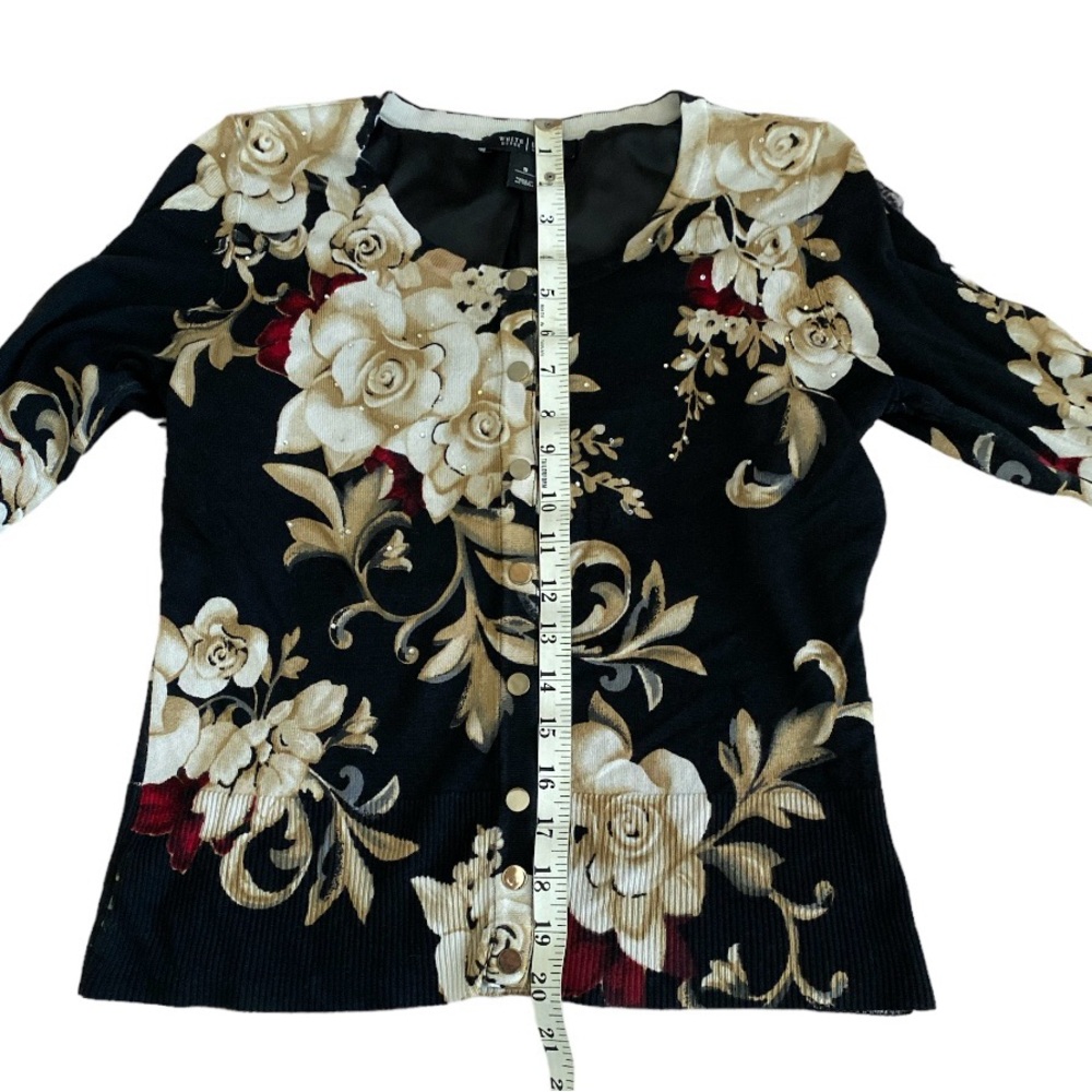 Classic White House Black Market cardigan. Gold floral on black.  Size S… - Picture 4 of 7